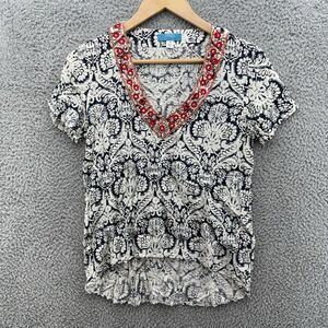 Luttons Women's M Embroidered V-Neck‎ Blouse Top Blue White Bohemian Solitaire